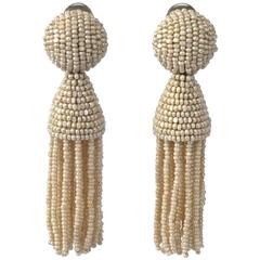 Oscar de la Renta Ivory Beaded Tassel Clip Earrings