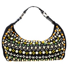 Chloe Black Canvas and Leather Beads Embellished Hobo