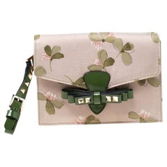 Valentino Green/Beige Floral Print Fabric Studded Bow Wristlet Clutch