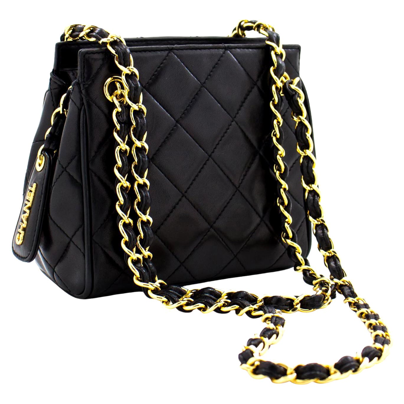 CHANEL Mini Small Double Chain Shoulder Bag Black Quilted Lambskin
