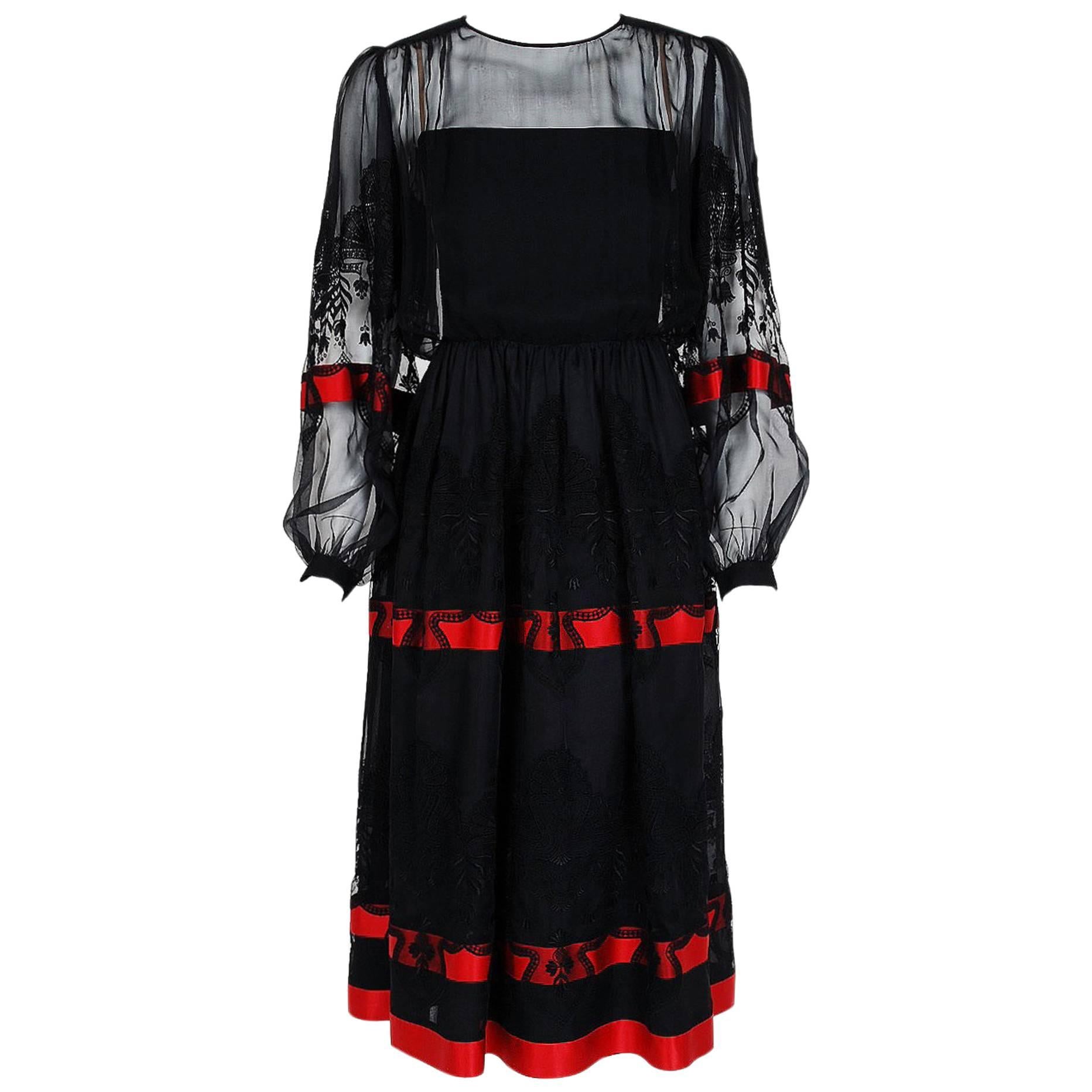 1990's Valentino Couture Black Embroidered Chiffon & Magenta Silk Peasant Dress