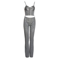 Retro Dolce & Gabbana grey floral jacquard mesh corset and pants set, c. 1996-1998