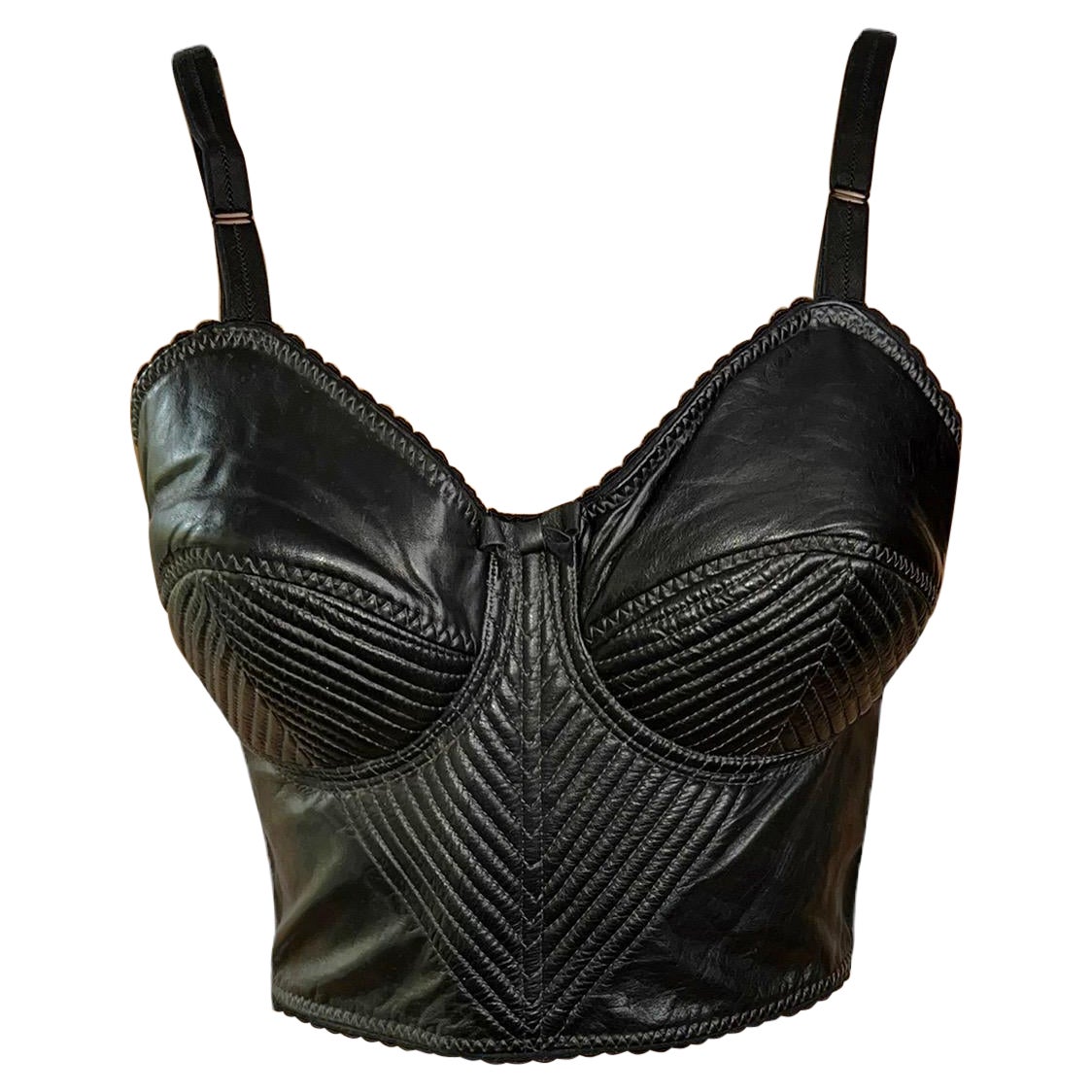 Jean Paul Gaultier S/S 1987 Vintage Bustier Cone Bra Leather Black Crop Top For Sale