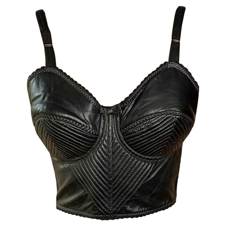 Jean Paul Gaultier S/S 1987 Vintage Bustier Cone Bra Leather Black Crop Top  For Sale at 1stDibs