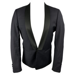 SANDRO Size 38 Navy & Black Wool Shawl Collar Sport Coat