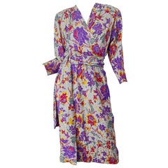 Used 1980s Yves Saint Laurent YSL Size 44 / 12 Flower Logo Print Silk 80s Wrap Dress