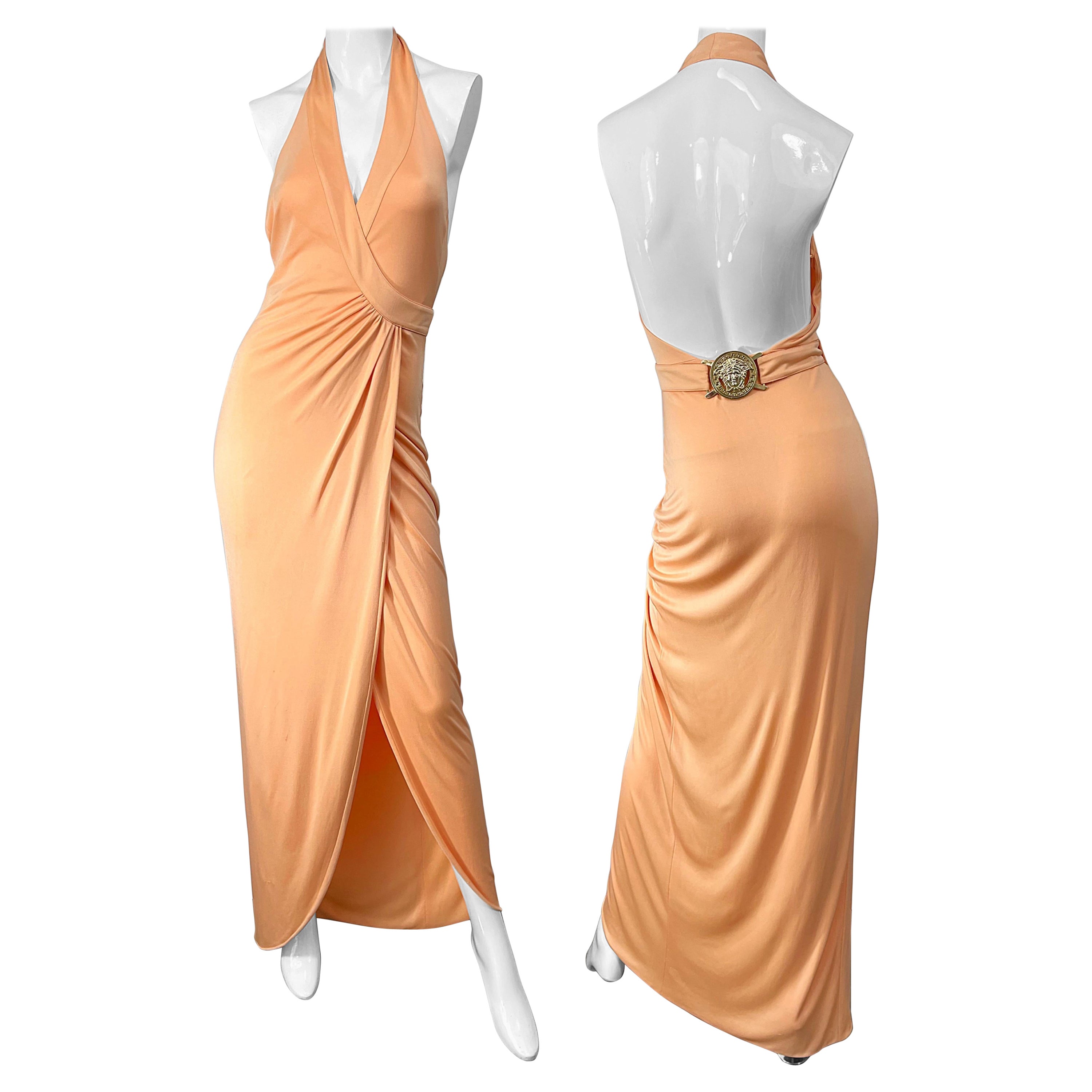 Versace S/S 2005 Runway Peach Salmon Silk Jersey Halter Gown Evening Dress
