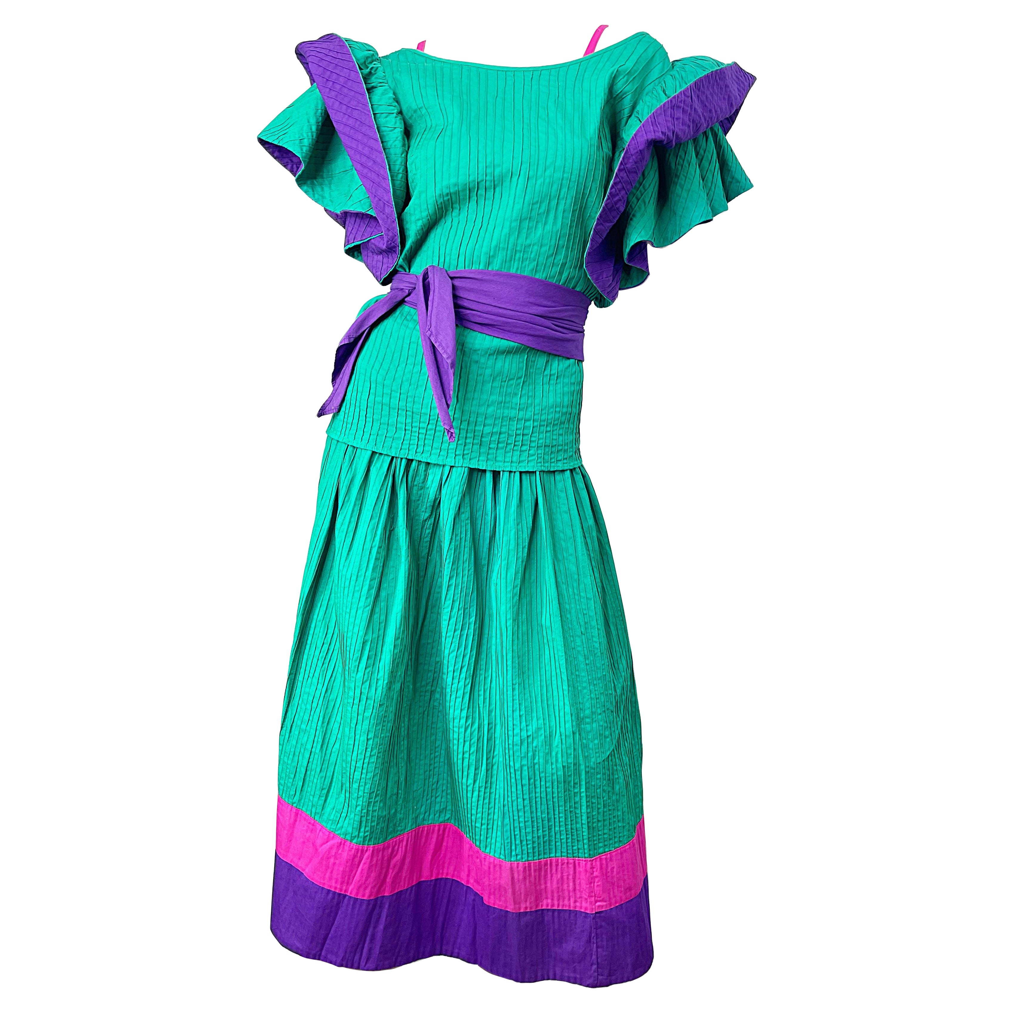 1970s Tachi Castillo 4 Piece Green Purple Pink Cotton Vintage 70s Dress Ensemble For Sale