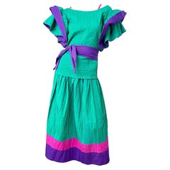 1970s Tachi Castillo 4 Piece Green Purple Pink Cotton Vintage 70s Dress Ensemble