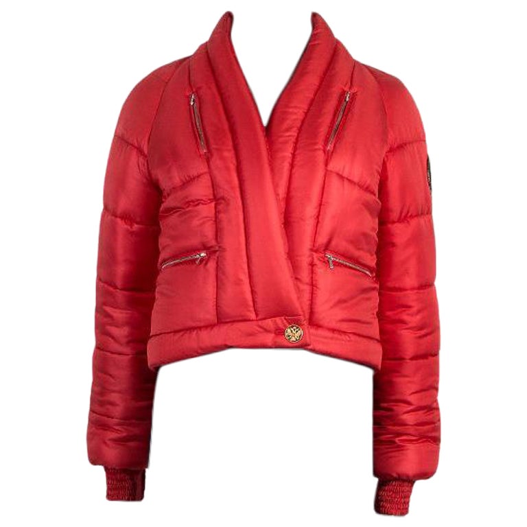 CHANEL red silk PARIS MOSCOW Puffer Down Jacket 36 XS