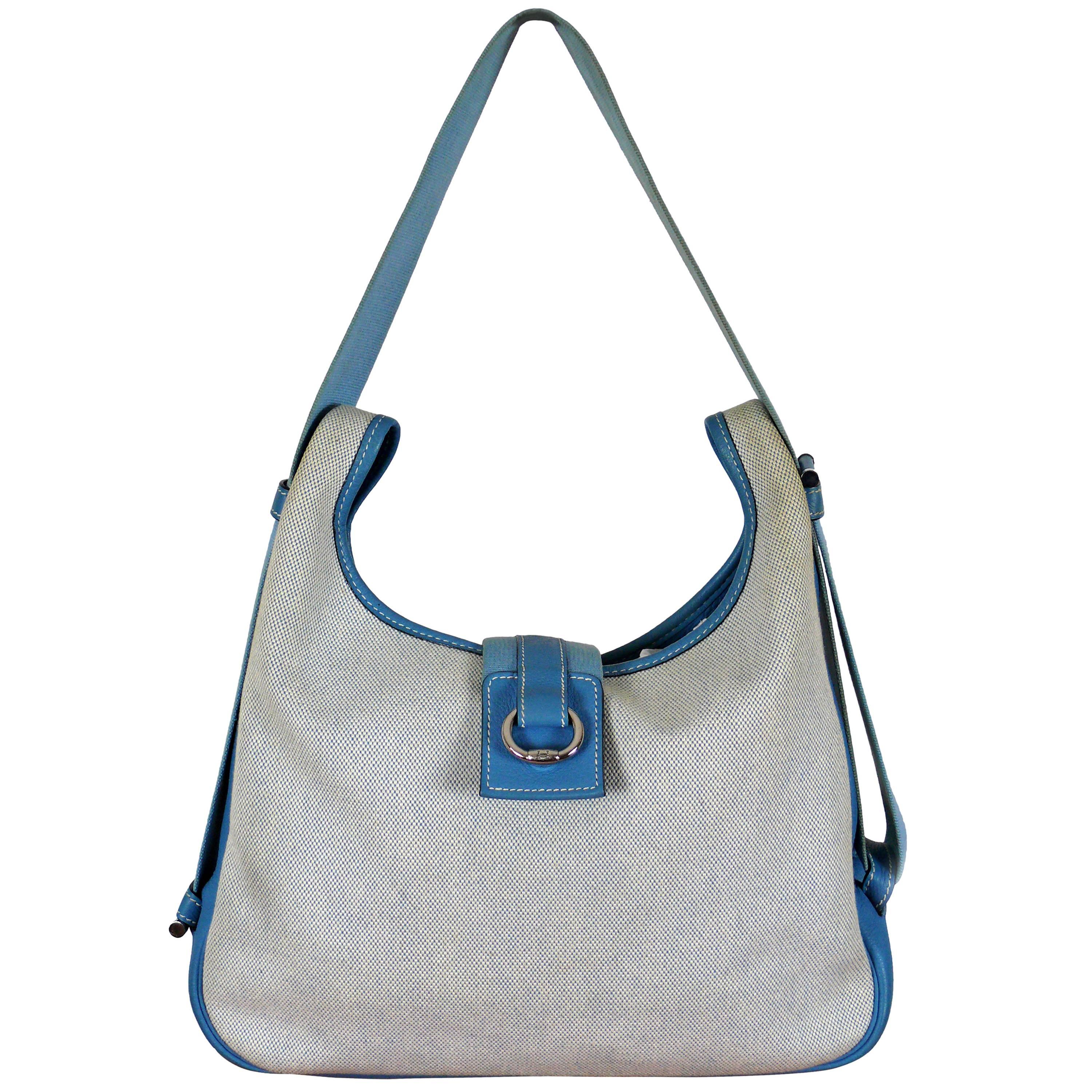 Hermes Vintage Beige Canvas and Blue Jean Blue Togo Leather Tsako Bag