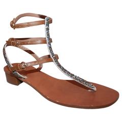 Valentino Brown Leather & Suede Gladiator Sandals w/ Gunmental Rhinestones - 41