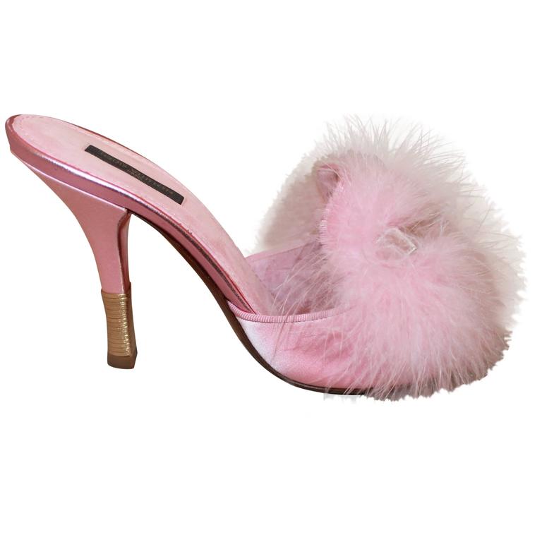 Louis Vuitton Pink Silk Heels w/ Pink Ostrich Feather & Velvet Bow - 38