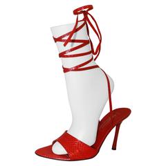 Sergio Rossi Red Snake Leg Wrap Sandals Heels - 37.5