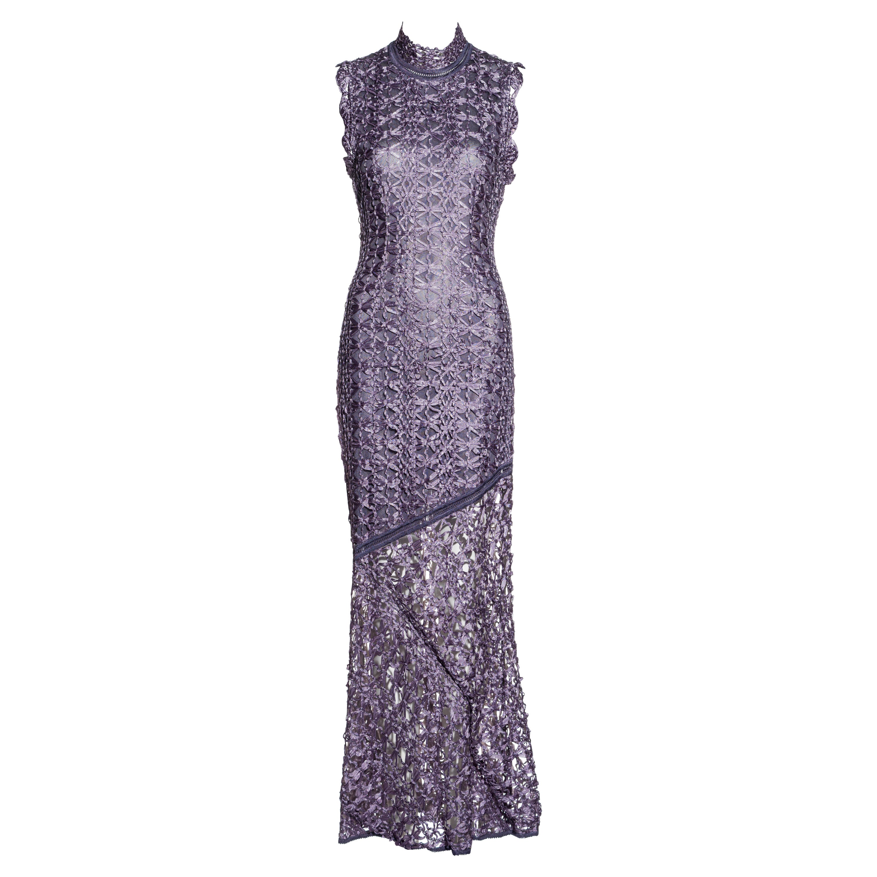 John Galliano purple ribbon crochet bias-cut maxi dress, fw 2001