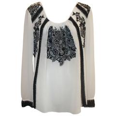 Oscar de la Renta Black & White Silk Peasant Top w/ Lace-Like Embroidery - 8