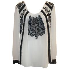 Oscar de la Renta Black & White Silk Peasant Top w/ Lace-Like Embroidery - 8