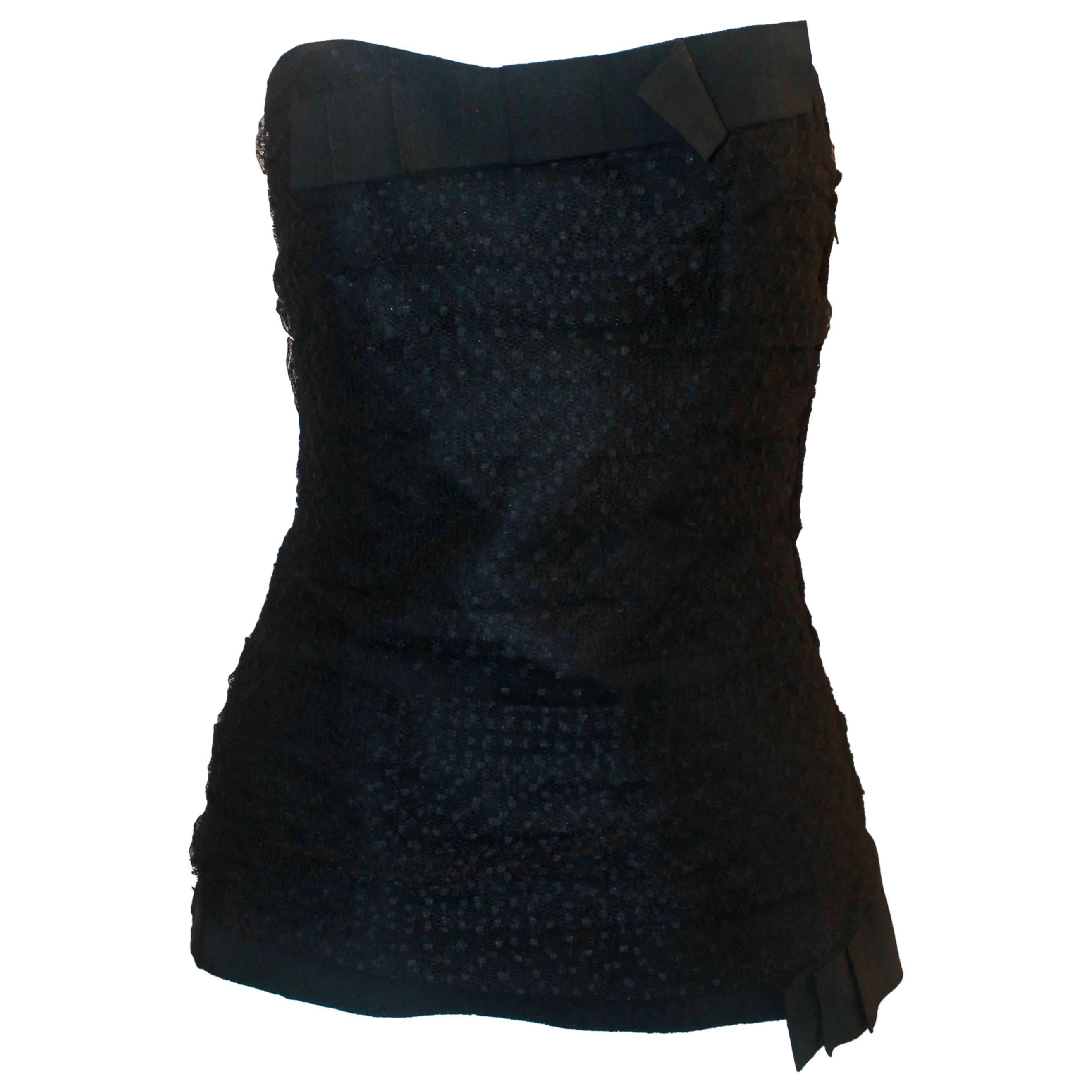 YSL Black Lace & Cotton Strapless Bustier Top w/ Grograin Trim - 44 - 60s-70s For Sale