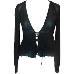 Gucci Black Silk Long Sleeve Blouse w/ Plunging Neckline - S