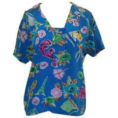 Lanvin Blue & Floral Print Silk Chiffon Short Sleeved Collared Blouse - S - 80's