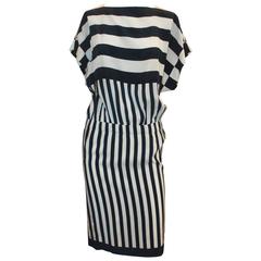Chanel Vintage Navy & Ivory Silk Striped Sleeved Dress - 42 - circa 1980's