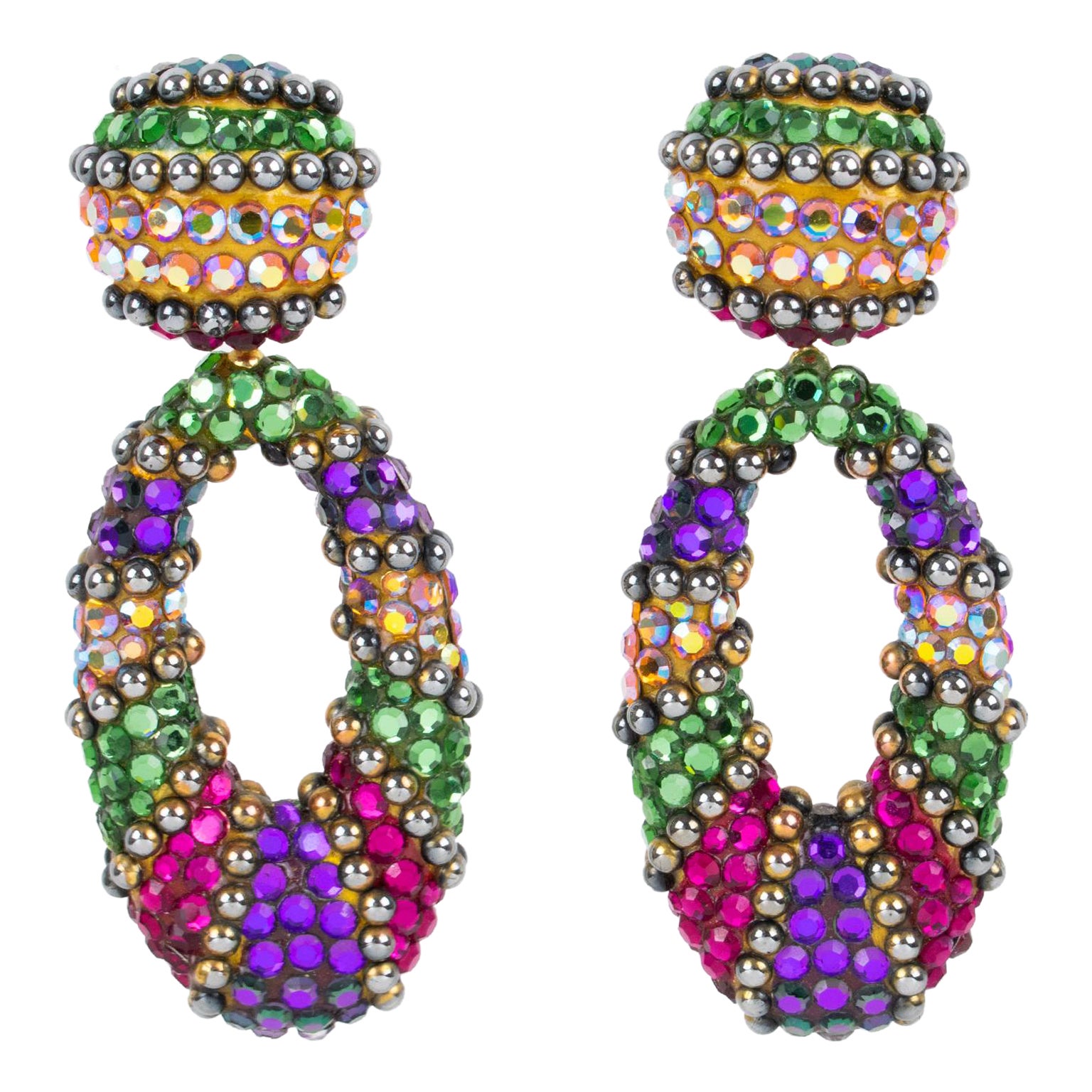 Richard Kerr Dangle Clip Earrings Multicolor Jeweled Paved