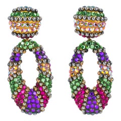 Vintage Richard Kerr Dangle Clip Earrings Multicolor Jeweled Paved
