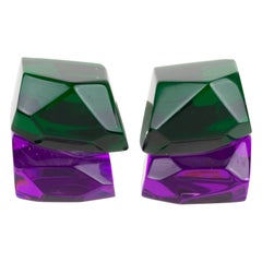 Retro Kaso Oversized Purple and Green Ice Cube Lucite Clip Earrings