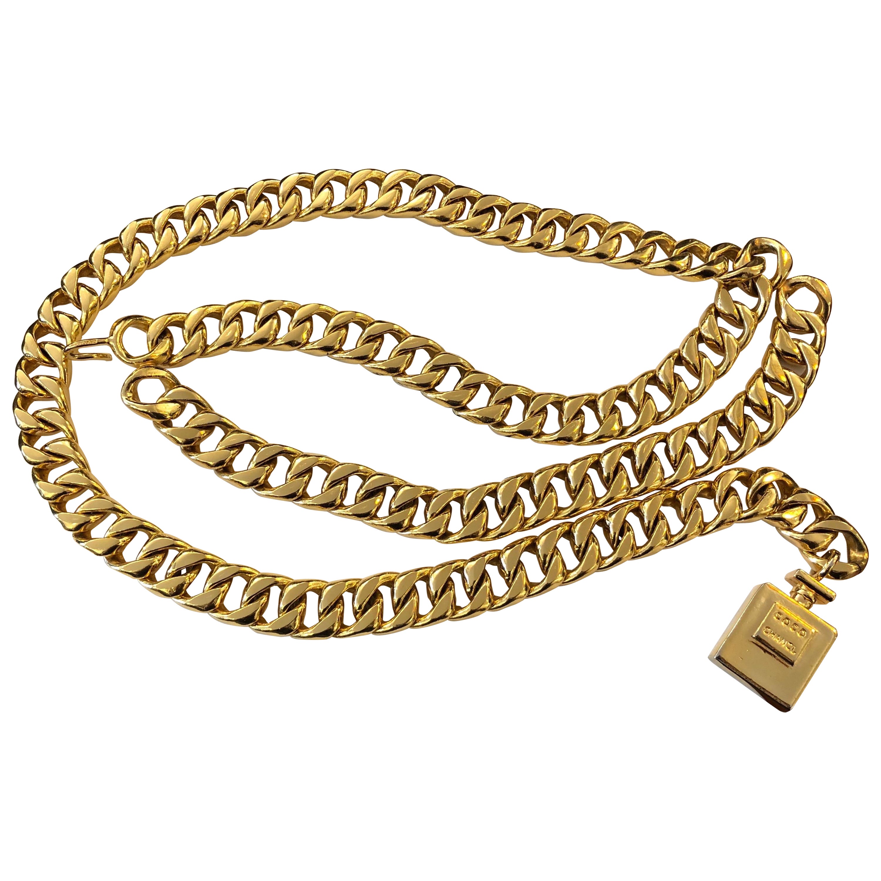 1980s Vintage CHANEL Gold Toned Perfume Chain Belt For Sale