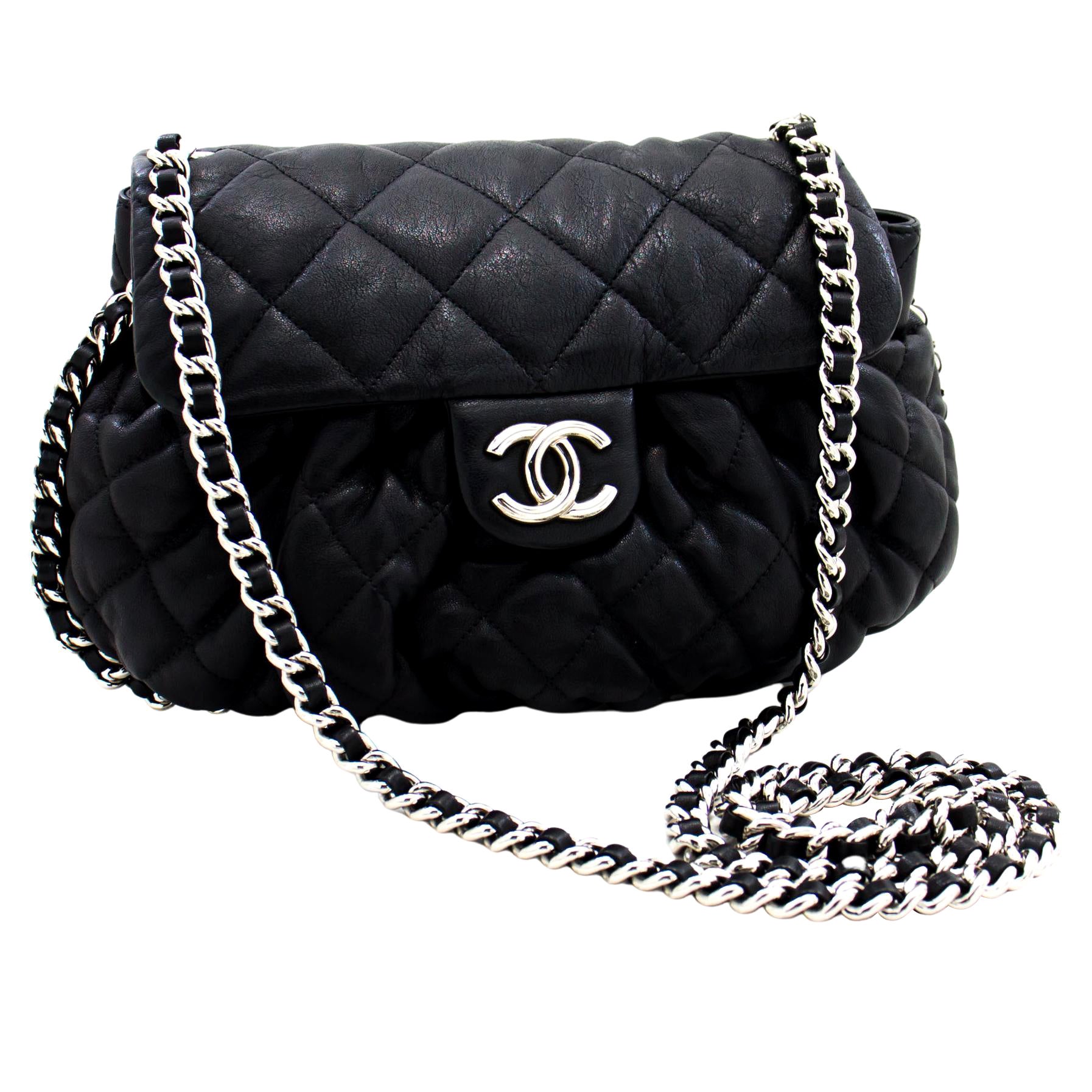 CHANEL Chain Around Shoulder Crossbody Bag Black Calfskin Leather