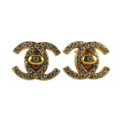 Chanel Vintage Jewelled Iconic CC Turn Lock Clip-On Earrings Fall 1996