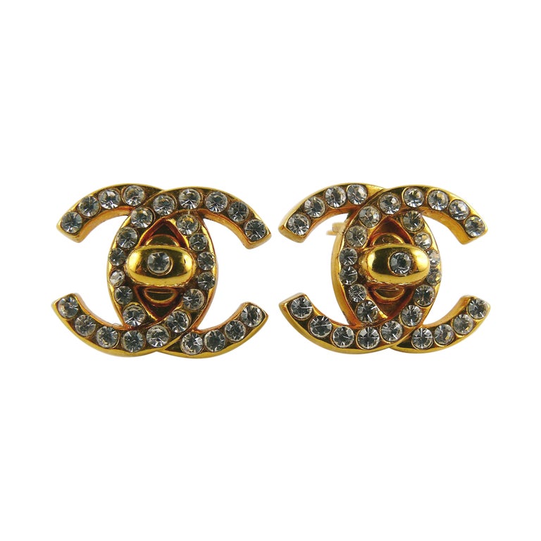 Chanel Vintage Jewelled Iconic CC Turn Lock Clip-On Earrings Fall 1996