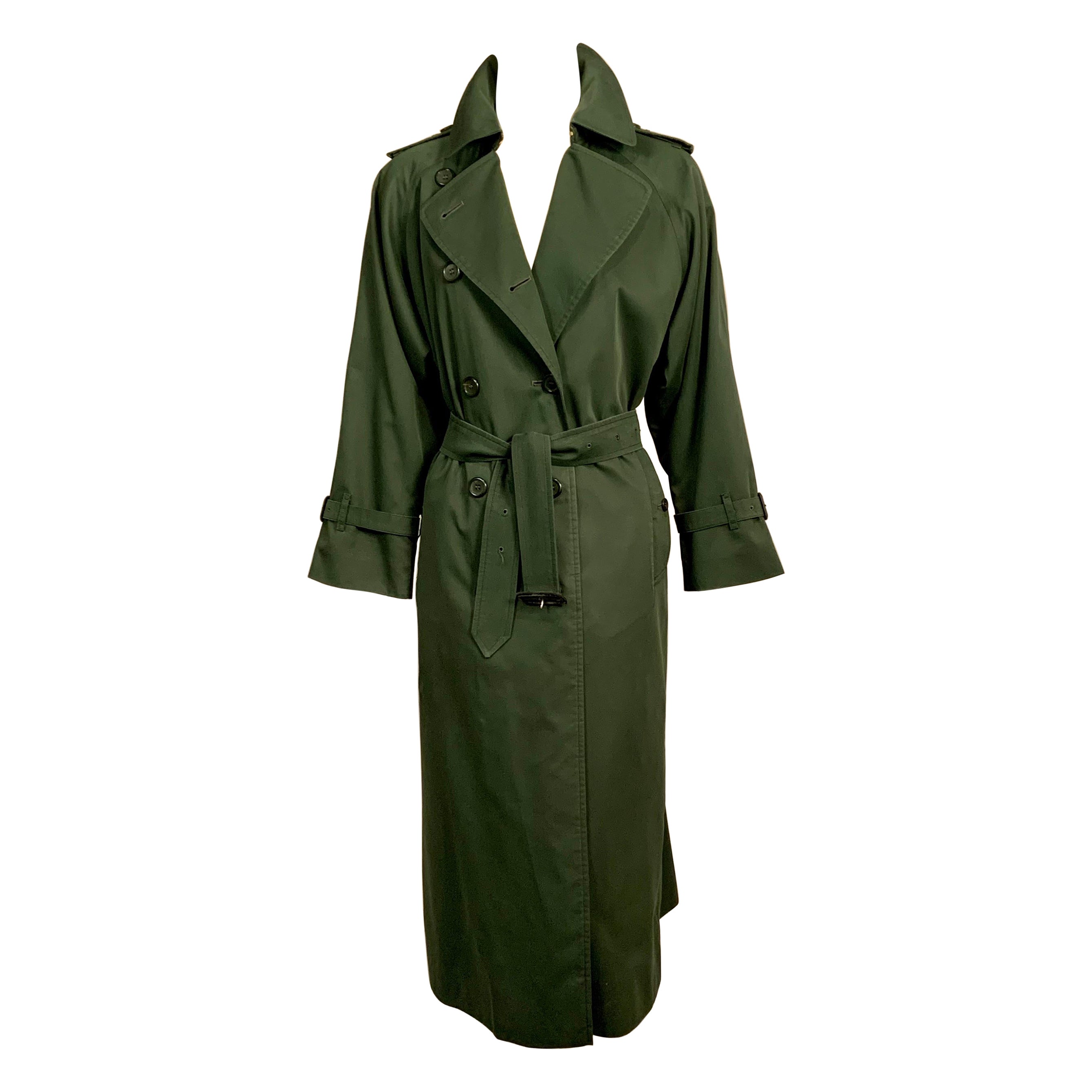 Burberry Double Breasted Loden Green Belted Trench Coat with Zip In Wool Liner