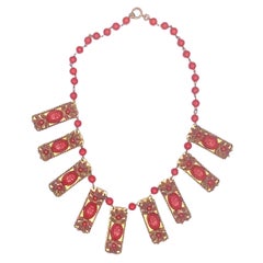 1940S Red Beaded Bronze Choker Necklace