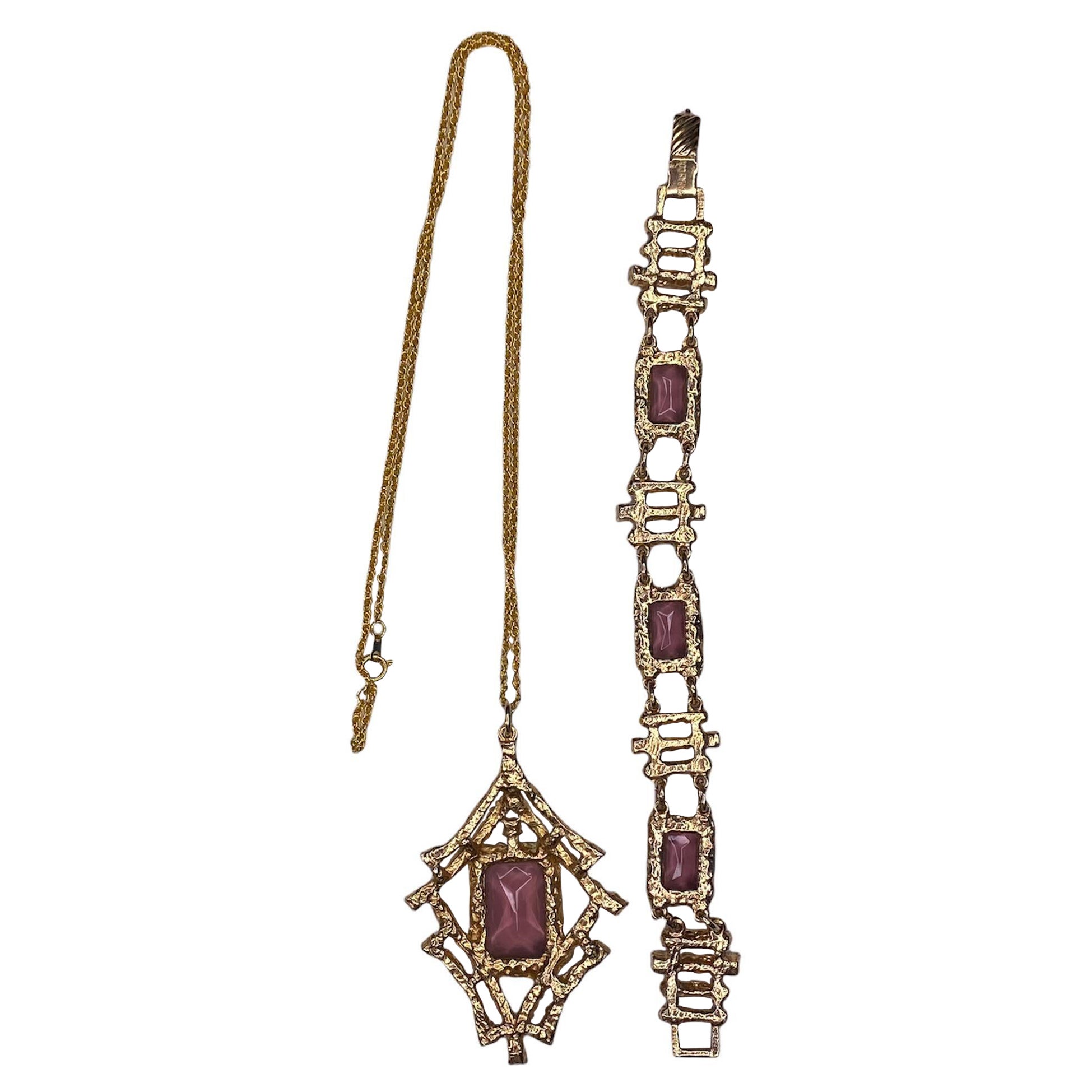 1970S SARAH COVENTRY Gold & Brown Gemstone Bracelet Necklace Set