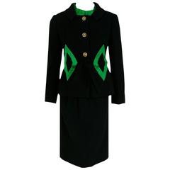1960's Burke-Amey Black Wool & Green Silk Deco-Applique Mod Dress Suit Ensemble 5