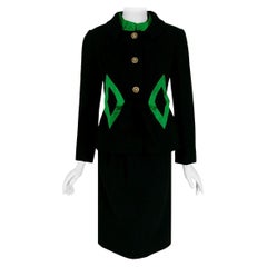 Vintage 1960''s Burke-Amey Couture Black Wool & Green Silk Applique Dress Suit
