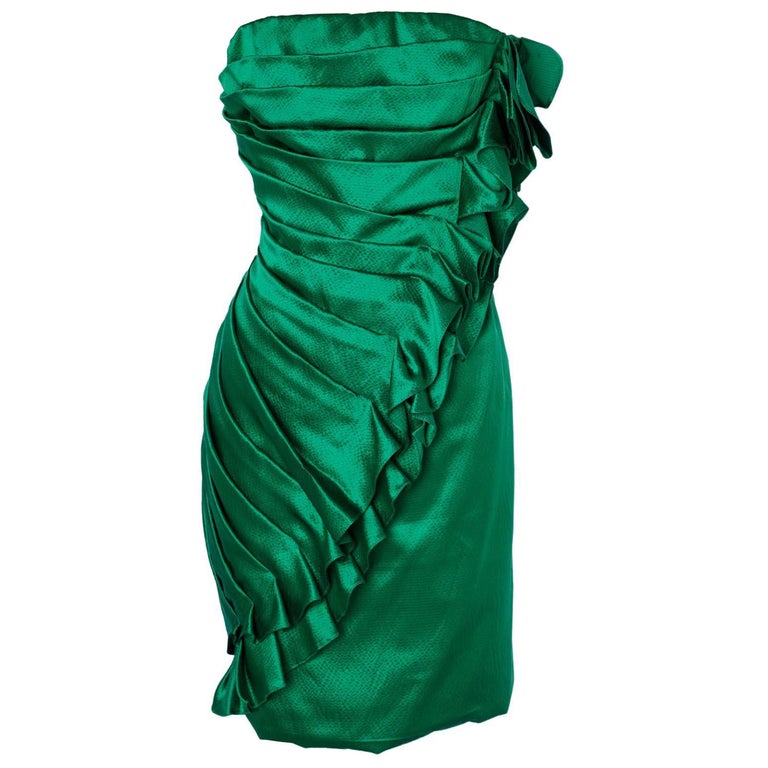Bustier mini dress with ruffles in emerald silk satin Ungaro For Sale ...