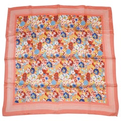 Bold Multi-Floral Print with Coral Border Silk Scarf