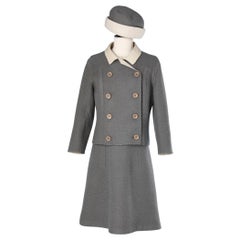 1960's dress-suit and hat ensemble bi-colore grey and off-white wool double face