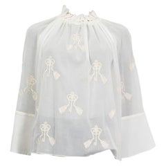 HERMES white cotton voile RUFFLE EMBROIDERED Blouse Shirt Top 36 XS