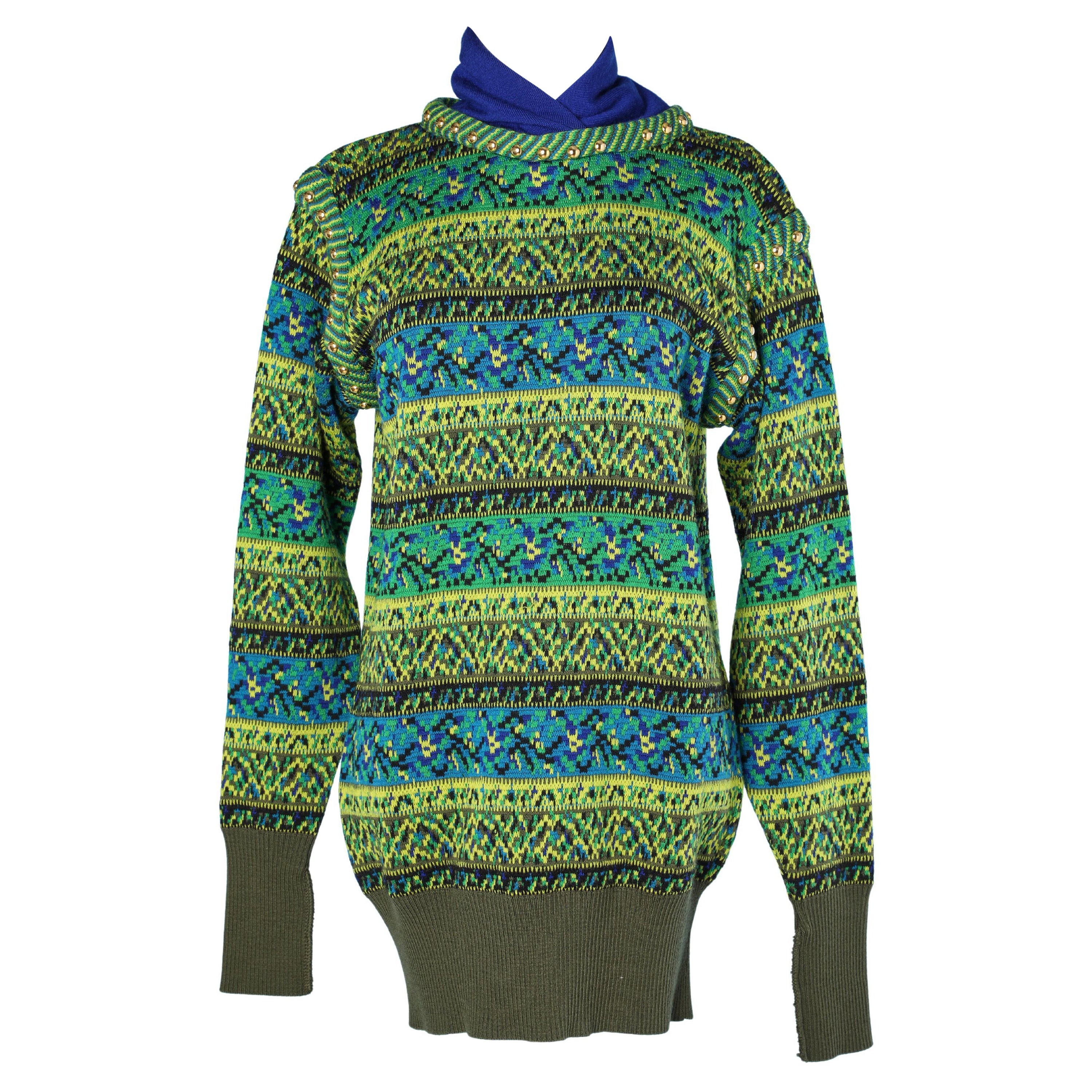 Blue and green jacquard sweater with gold studs Yves Saint Laurent Rive Gauche  For Sale