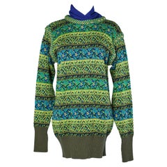 Vintage Blue and green jacquard sweater with gold studs Yves Saint Laurent Rive Gauche 