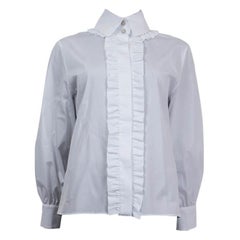 NEW Chanel Blouse Shirt Button Down White Cotton Pearl CC Ruffle Top 36 38