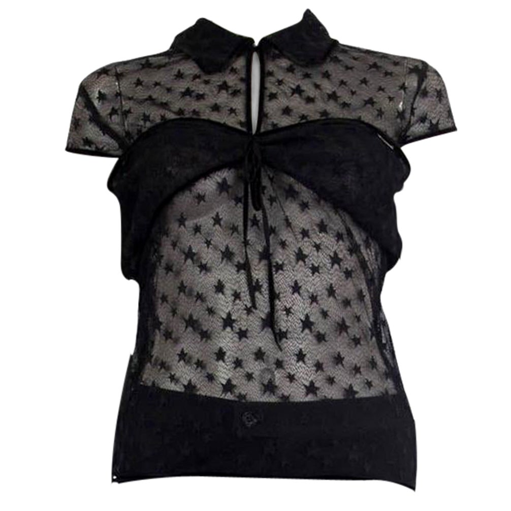CHANEL black SHEER STAR LACE Cap Sleeve Blouse Shirt M For Sale