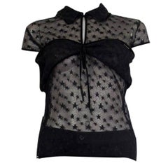 CHANEL black SHEER STAR LACE Cap Sleeve Blouse Shirt M