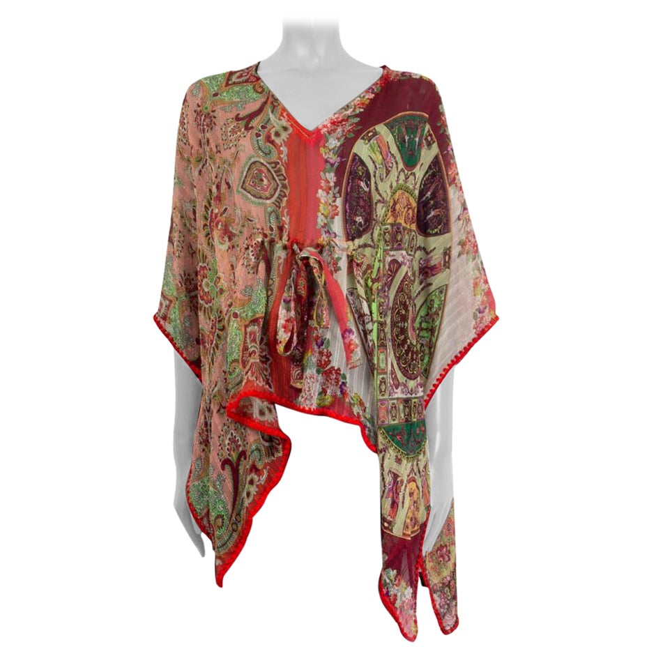ETRO pink red burgundy silk chiffon PAISLEY PONCHO Blouse Shirt OS For Sale