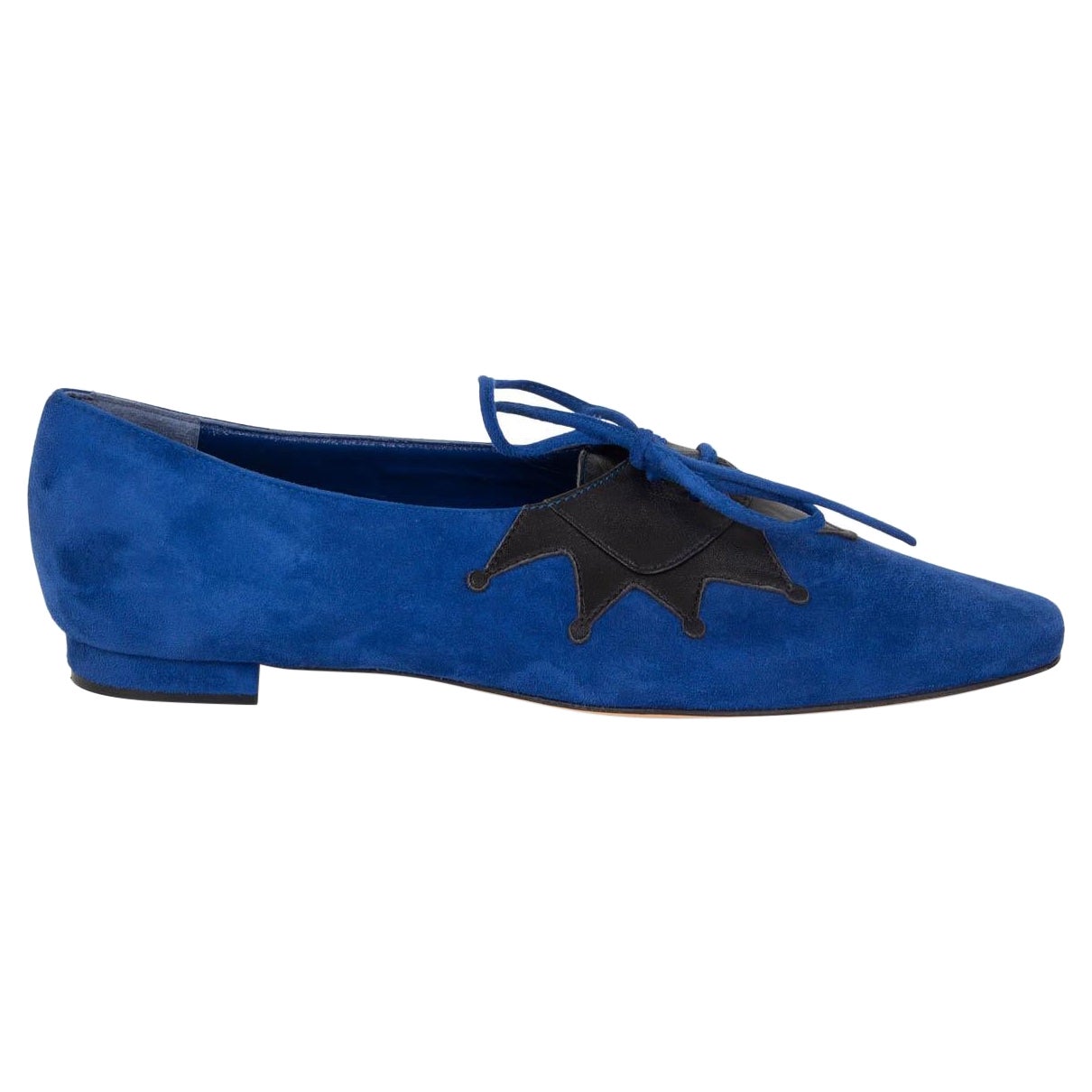 MANOLO BLAHNIK electric blue suede HARLEQUIN CROWN LACE-UP Flats Shoes 36.5 For Sale