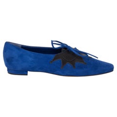 Used MANOLO BLAHNIK electric blue suede HARLEQUIN CROWN LACE-UP Flats Shoes 36.5