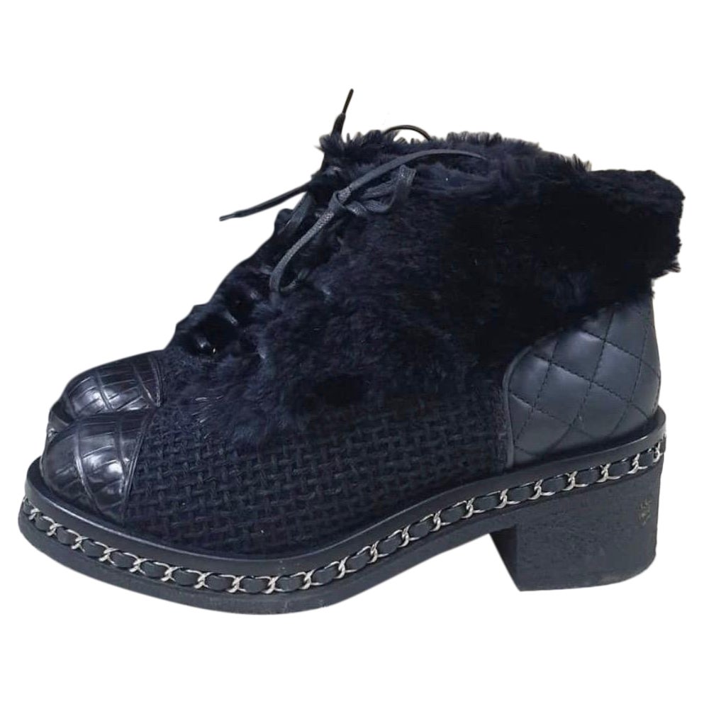 Chanel Rabbit Fur & Bouclé Ankle Boots